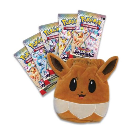 Obsah balení Prismatic Evolutions – Eevee plyšový pouch a 5 booster balíčků