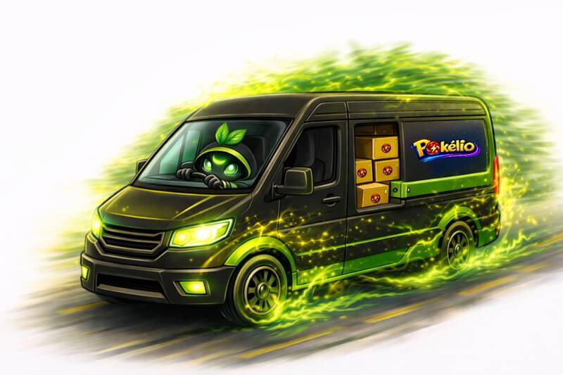 doručení pokémon tcg – maskot Pokélio veze balíčky