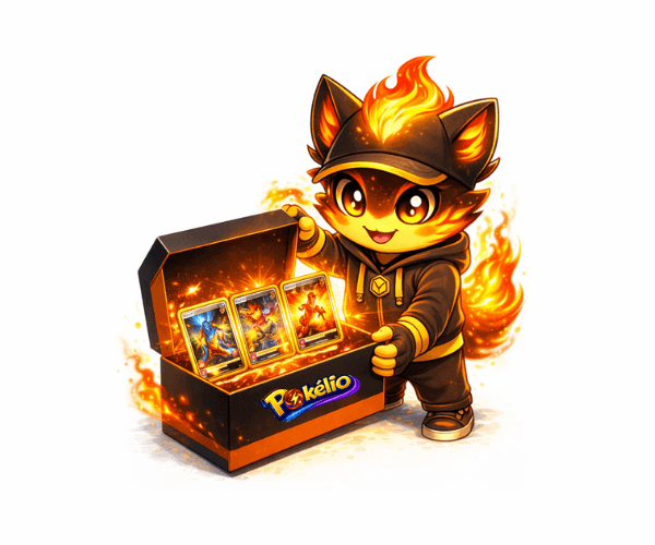 Maskot ke článku na téma Otevírání Pokémon karet -Ohnivý maskot otevírá Pokémon TCG balení a ukazuje obsah boxu