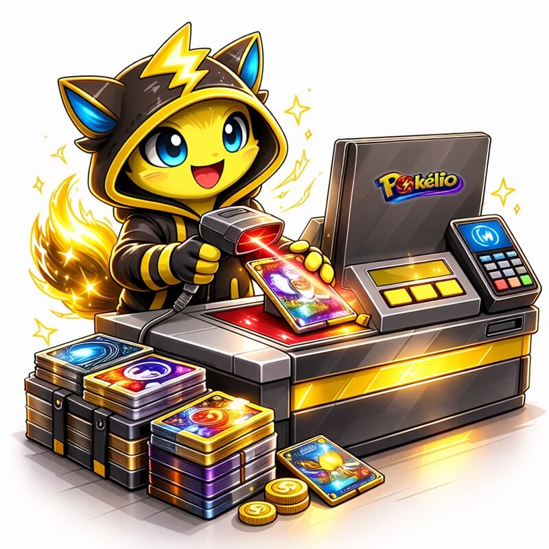 platba pokémon karty – maskot Pokélio u pokladny s kartami